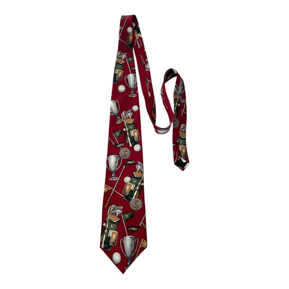 Vtg 1990s Spencer & Lowe Golf Themed Silk Necktie – Red Trophy & Clubs Print